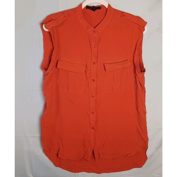 BCBGMaxAzria Jennan Sleeveless Button Up Blouse Large Silk Orange Hi-Lo EUC - Picture 1 of 8